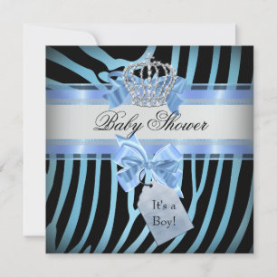 Baby Shower Boy Zebra Blue Prince Crown Black Einladung