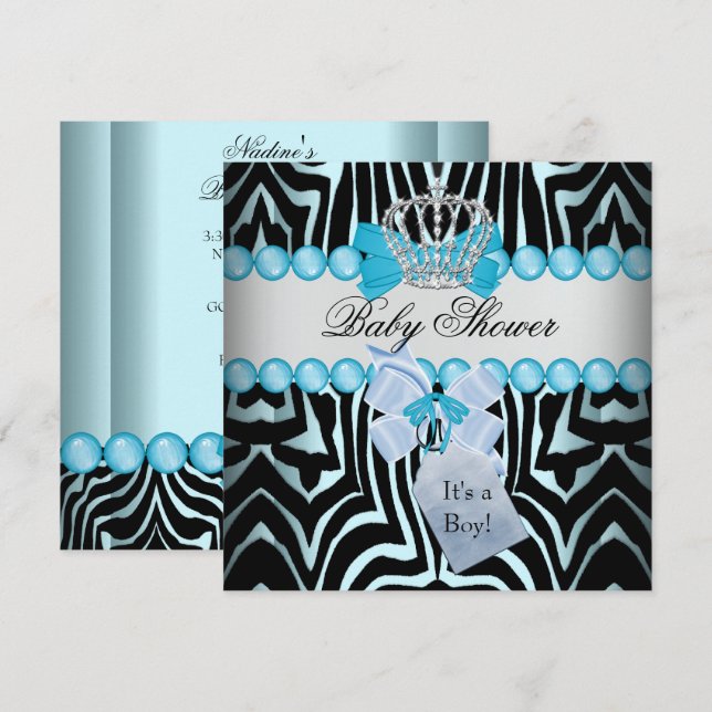 Baby Shower Boy Zebra Blue Prince Crown Black Einladung (Vorne/Hinten)