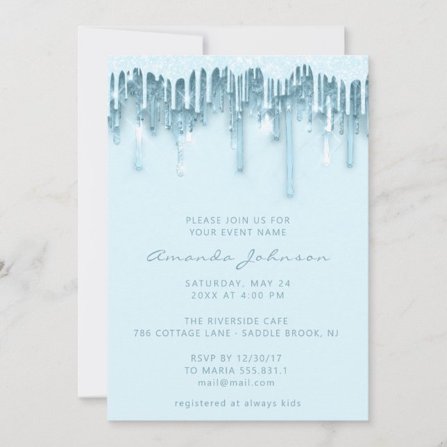 Baby Shower Bridal Sweet 16. Tropfen Spark Blue Einladung (Vorderseite)