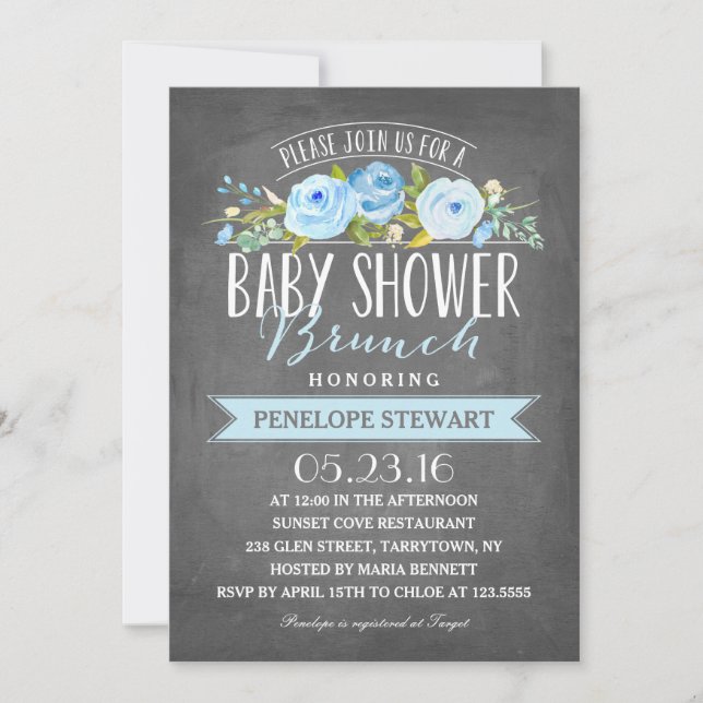 Baby shower Brunch Bleu | Invitation baby shower (Devant)