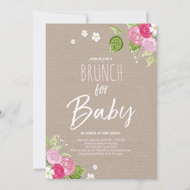 Baby shower brunch invitation Floral Rustic Pink (Devant)