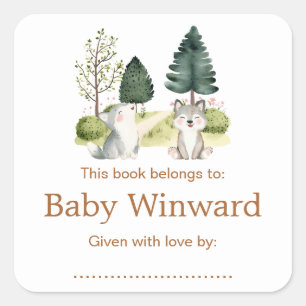 Baby-Shower-Buchzeichen Wald-Wolf Quadratischer Aufkleber