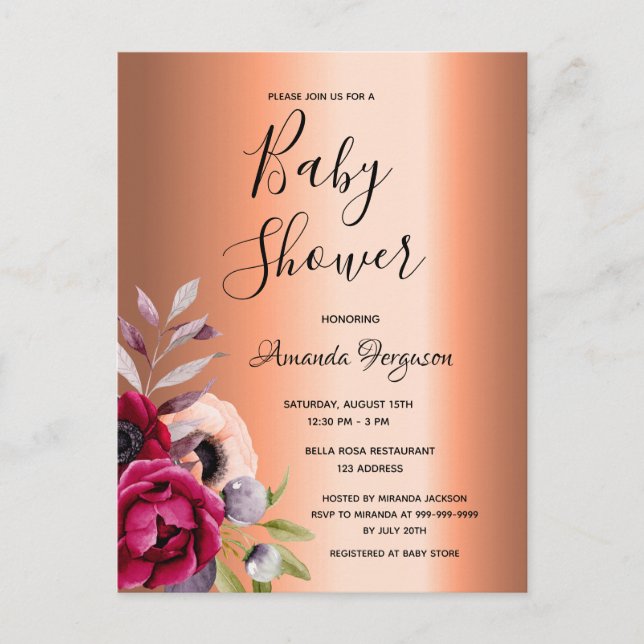 Baby Shower burgundy Blütenkupfer Einladung Postkarte (Vorderseite)
