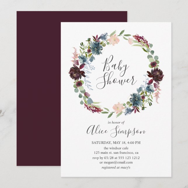 Baby Shower Burgundy und Blue Handgeschriebener Sc Einladung (Vorne/Hinten)