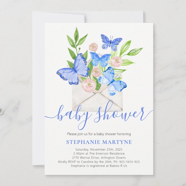 Baby Shower Butterfly Blue Floral Envelope Einladung (Vorderseite)