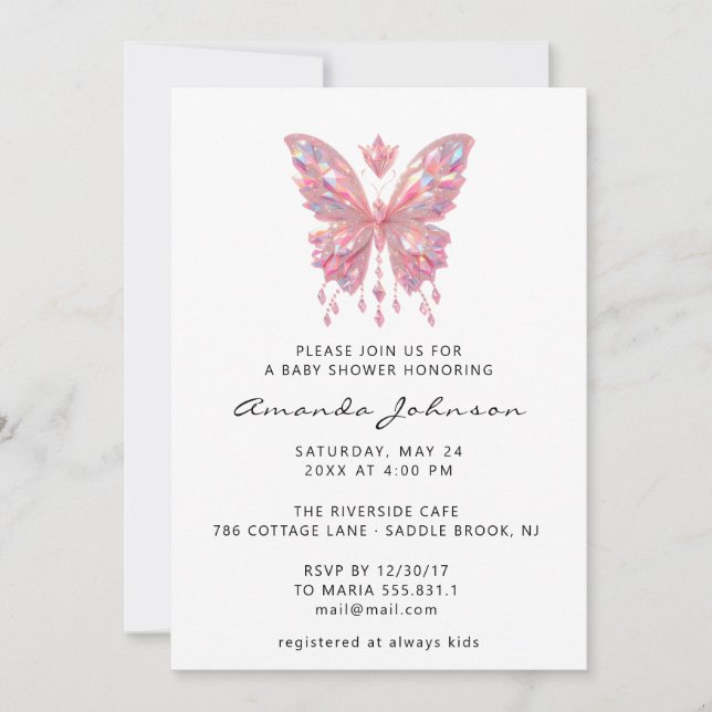 Baby Shower Butterfly Girl Button Crystals White Einladung (Vorderseite)
