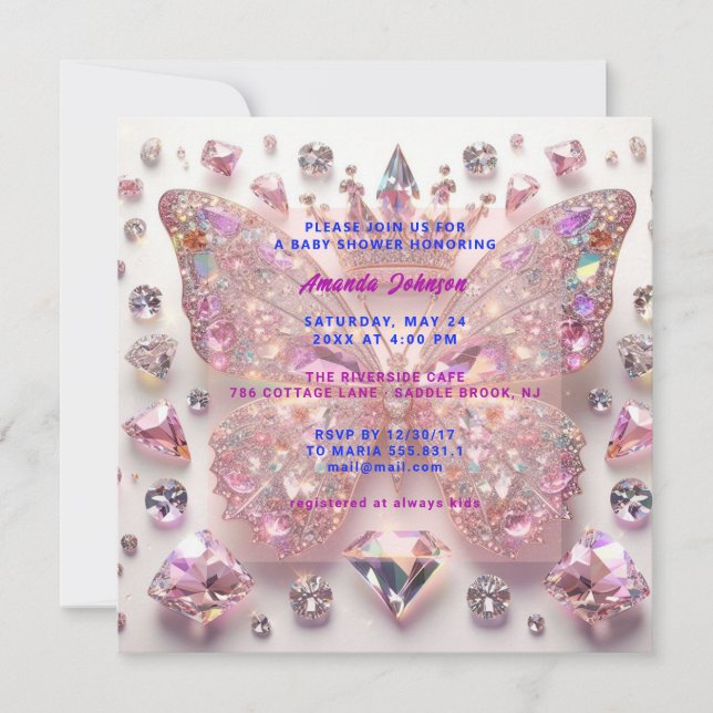 Baby Shower Butterfly GirlPink Kristalle Diamond Einladung (Vorderseite)