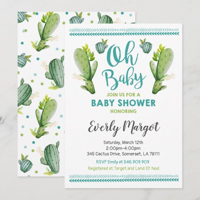 Baby shower Cactus Invitation Douche Succulente (Devant / Derrière)