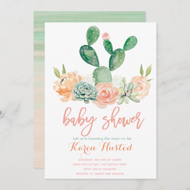 Baby shower Cactus invitation succulent (Devant / Derrière)