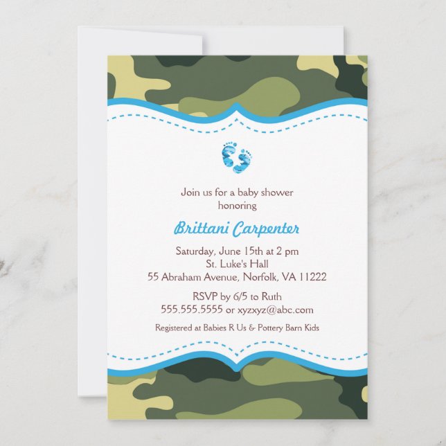 Baby shower Camo bleu et vert Invitations pieds (Devant)