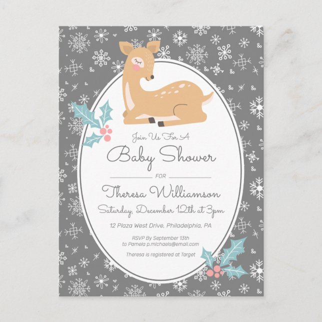 Baby shower | Carte postale Cerfs-mères et flocons (Devant)