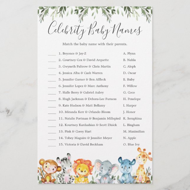 Baby Shower Celebrity Baby Names Games (Vorderseite)