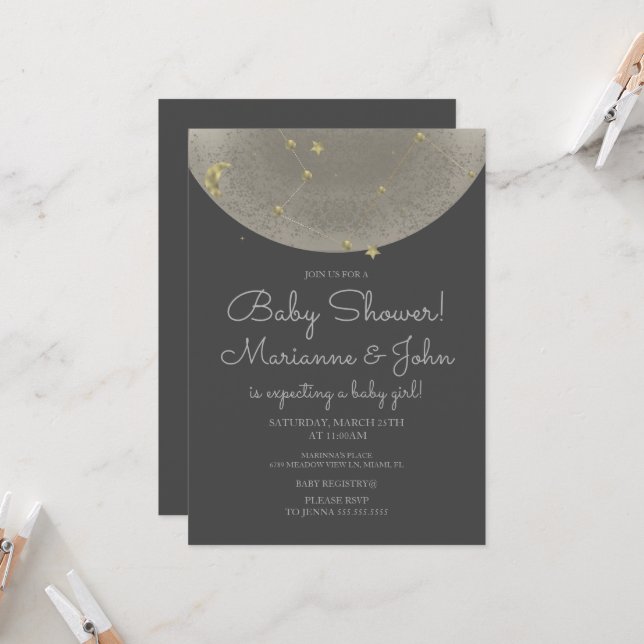 Baby Shower Celestial Moon Stars Imitate Gold Einladung (Vorderseite/Rückseite Beispiel)