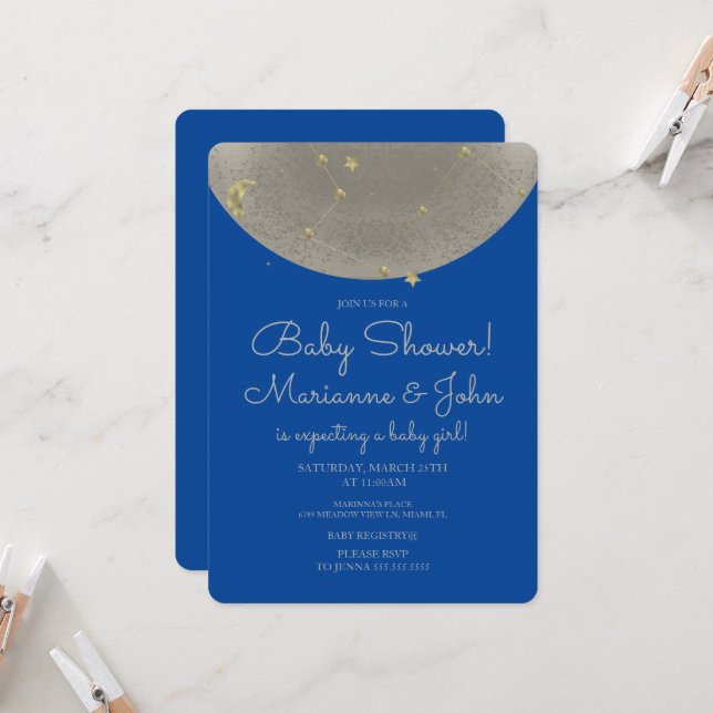Baby Shower Celestial Moon Stars Imitate Gold Einladung (Vorderseite/Rückseite Beispiel)