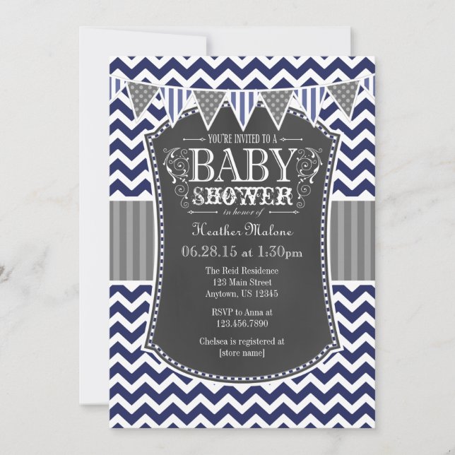 Baby shower Chevron Invitation bleu de la Marine (Devant)