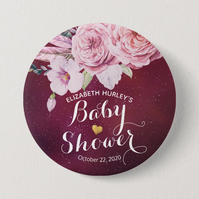 Baby Shower Chic Boho Floral Feathers Burgundy Red Button (Vorderseite)
