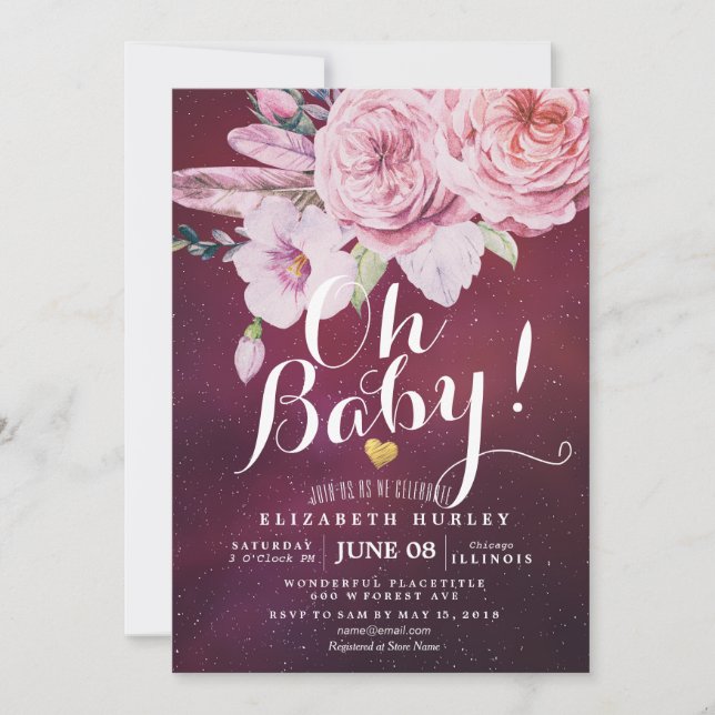 Baby Shower Chic Boho Floral Feathers Burgundy Red Einladung (Vorderseite)
