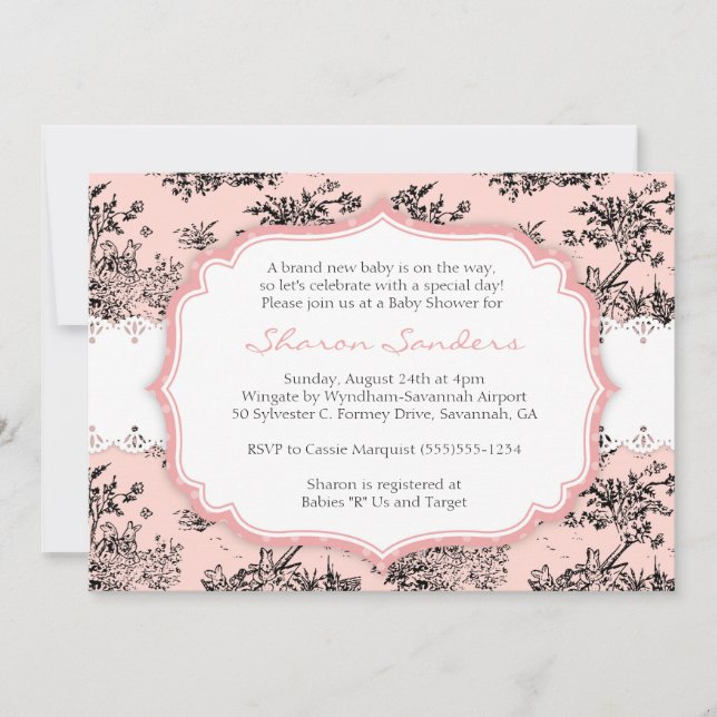 Baby shower CHIC TOILE Invitation - rose (Devant)