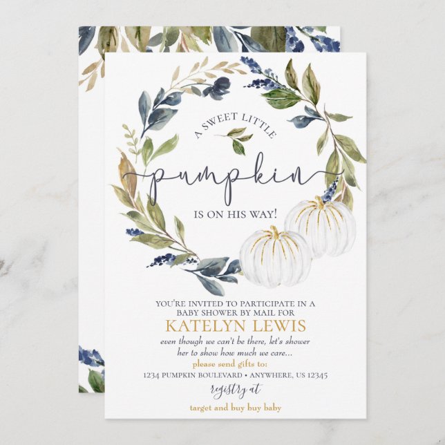 Baby shower Citrouille blanc par invitation par co (Devant / Derrière)