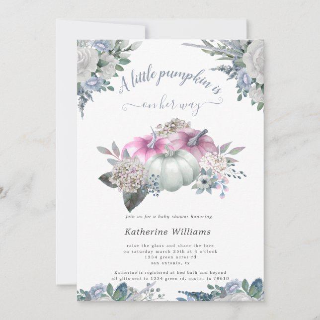 baby shower citrouille bleu hydrangea invitation (Devant)