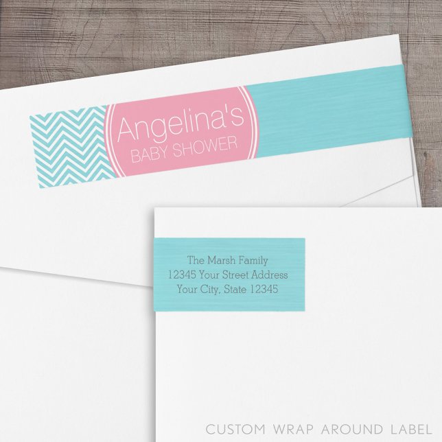 Baby Shower Collection - Pink & Aqua Blue Chevrons (Custom Return Address Label with a Wrap Around Feature)