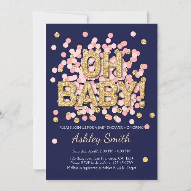 Baby shower Confetti Pink Gold Navy Invitation (Devant)