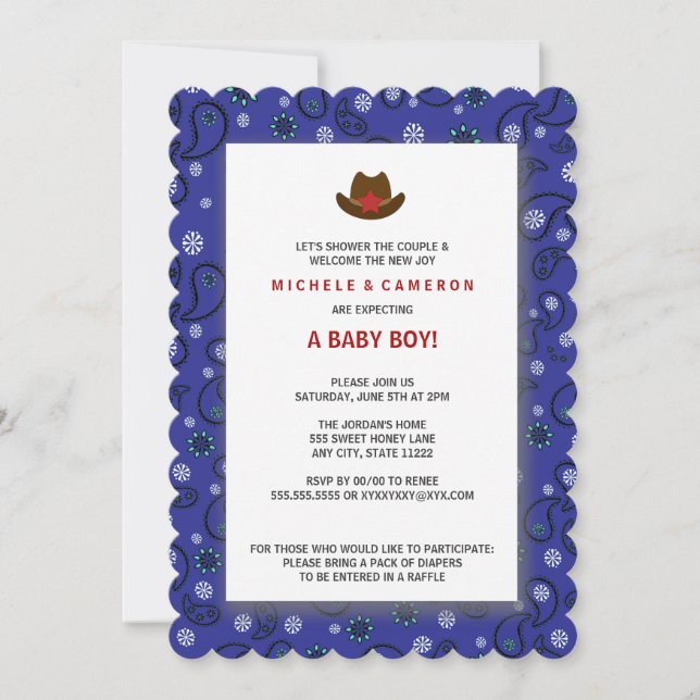 Baby shower Cowboy Invitation BLEUE DE L'OUEST BAN (Devant)