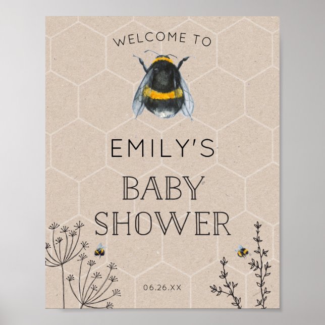 Baby shower d'abeilles Affiche de bienvenue nature (Devant)