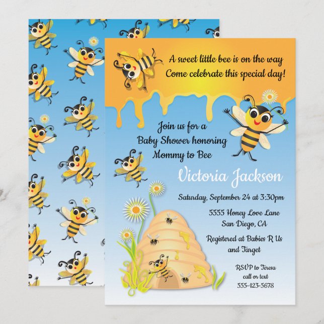 Baby shower d'abeilles Invitation avec ruche (Devant / Derrière)