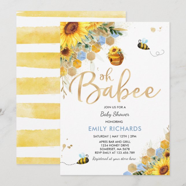 Baby shower d'abeilles Invitation Floral Babee Dou (Devant / Derrière)