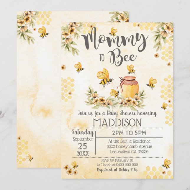 Baby shower d'abeilles Invitation maman à abeilles (Devant / Derrière)