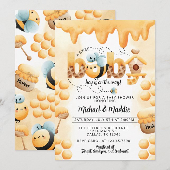 Baby shower d'abeilles miel mignonne Invitation d' (Devant / Derrière)