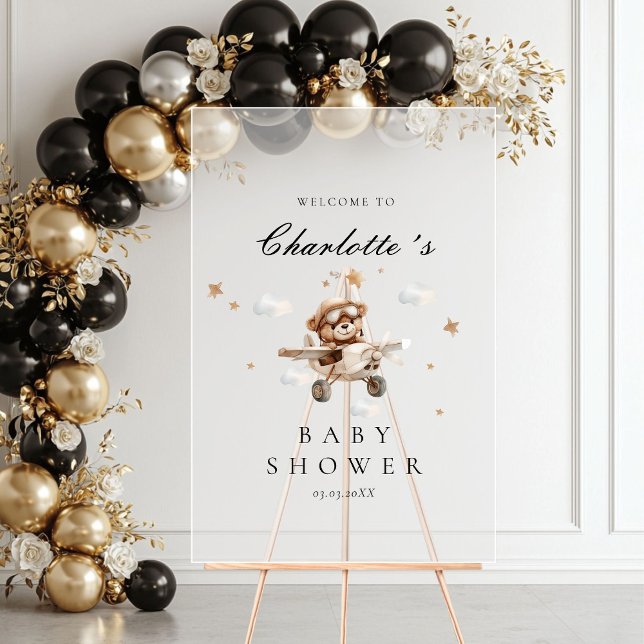 Baby shower d'accueil Teddy Bear & Airplane (Teddy Bear & Airplane Welcome Baby Shower Acrylic Sign)