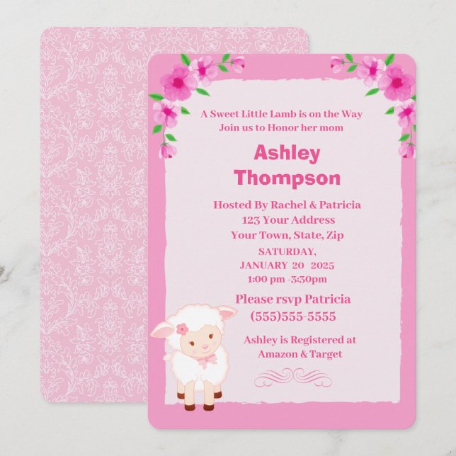 Baby shower d'agneau floral rose mou Invitation (Devant / Derrière)