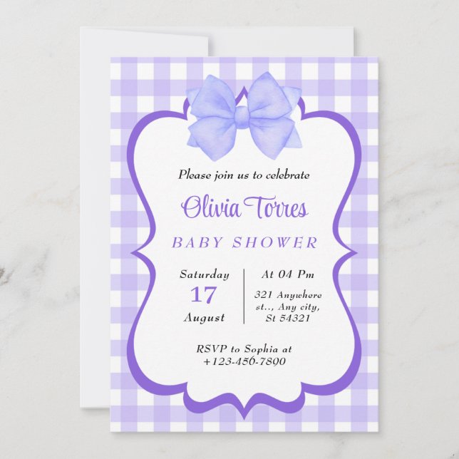 baby shower d'aquarelle blanc violet Invitation (Devant)