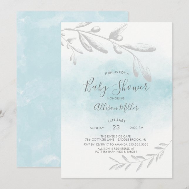 Baby shower d'aquarelle bleue Invitation (Devant / Derrière)