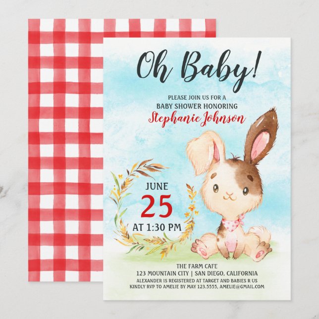 Baby shower d'aquarelle Bunny Invitation de ferme (Devant / Derrière)