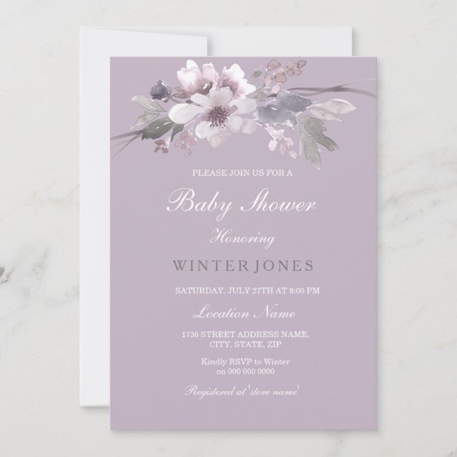 Baby shower d'aquarelle florale violet Invitation (Devant)