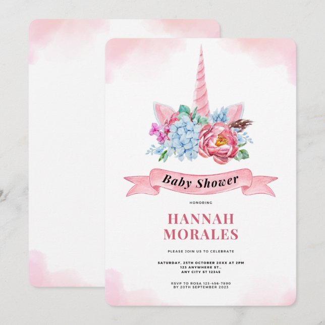 Baby shower d'aquarelle rose blanc Invitation (Devant / Derrière)