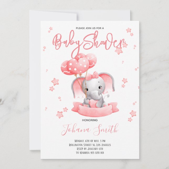 Baby shower d'aquarelle rose éléphant Invitation (Devant)
