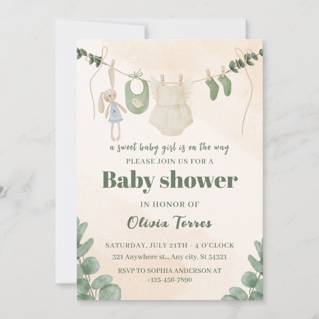 Baby shower d'aquarelle verte et crème Invitation (Devant)