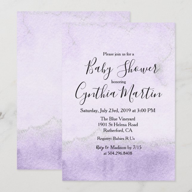 Baby shower d'aquarelle violet Invitation (Devant / Derrière)