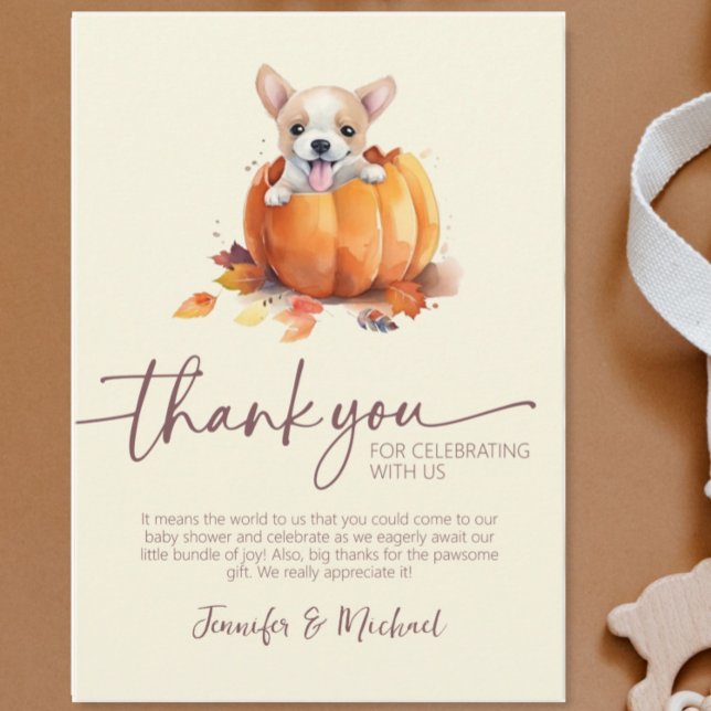 Baby shower d'automne Citrouille plat Carte de rem (Cute Fall Baby Shower Little Pumpkin Puppy Flat Thank You Card)