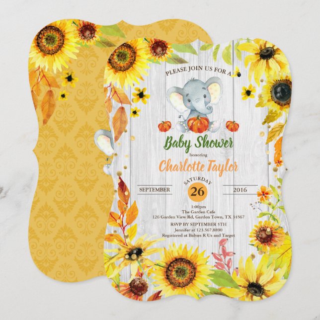 Baby shower d'automne invitation tournesol éléphan (Devant / Derrière)