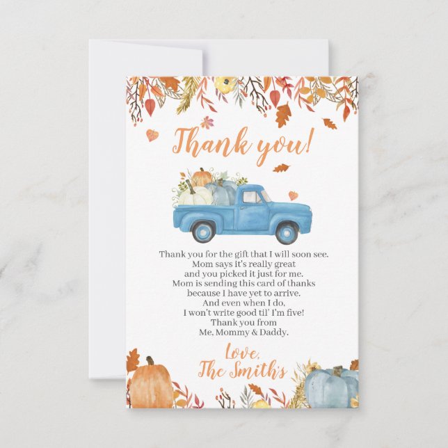 Baby shower d'automne Merci Cartes pour un garçon  (Devant)