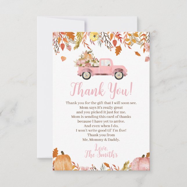 Baby shower d'automne Merci Cartes pour une fille (Devant)