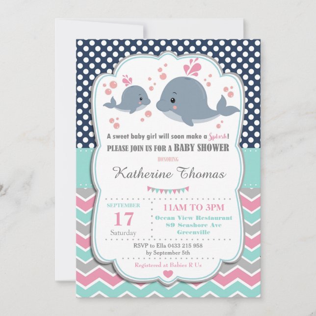 Baby shower de baleine Invitation bébé fille rose  (Devant)