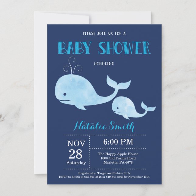 Baby shower de baleines Invitation Marine Bleu.Nau (Devant)