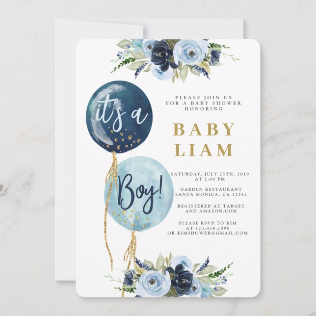 Baby shower de ballons bleu marine invitation garç (Devant)