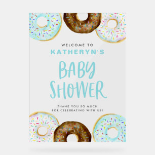 Baby shower de beignets bleu et chocolat Bienvenue
